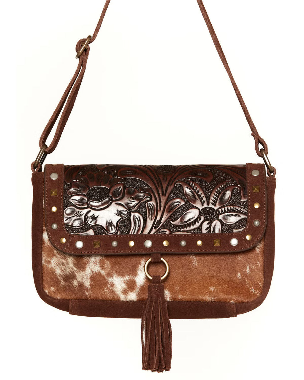 Western-style embossed shoulder bag with fur detail