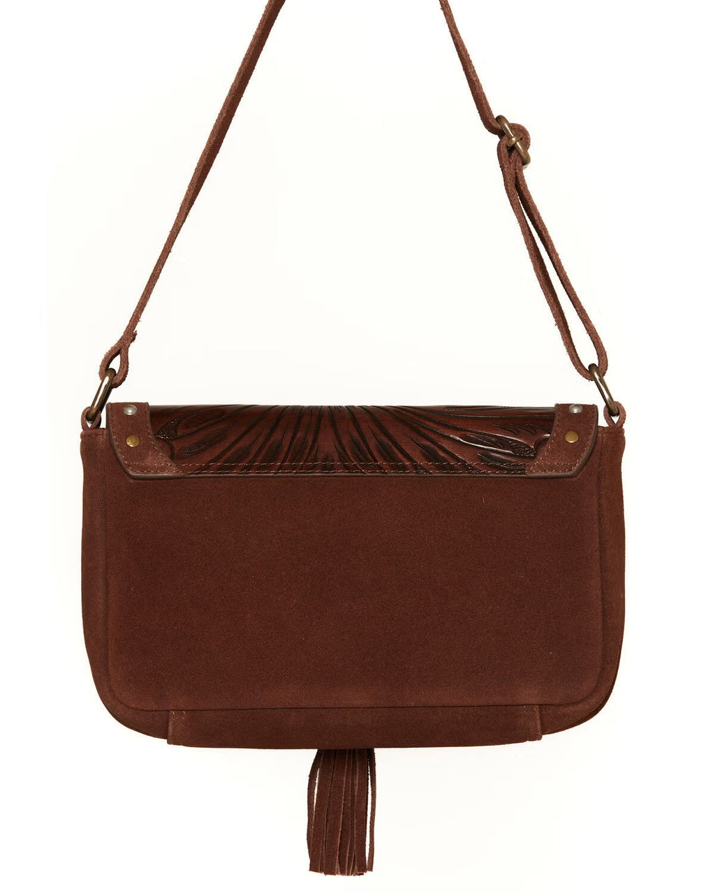 Western-style embossed shoulder bag with fur detail