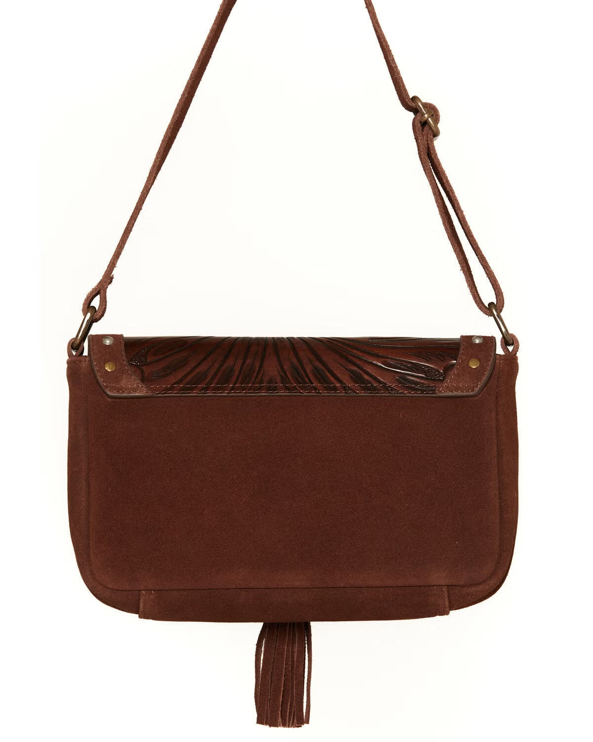 Western-style embossed shoulder bag with fur detail