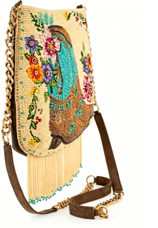 Hand-beaded handbag in cowgirl line-dance style