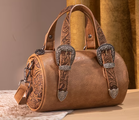 Mini cylindrical Western-style embossed crossbody bag