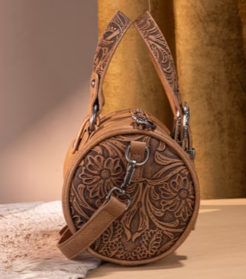 Mini cylindrical Western-style embossed crossbody bag