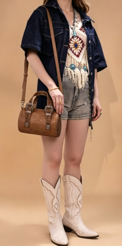 Mini cylindrical Western-style embossed crossbody bag
