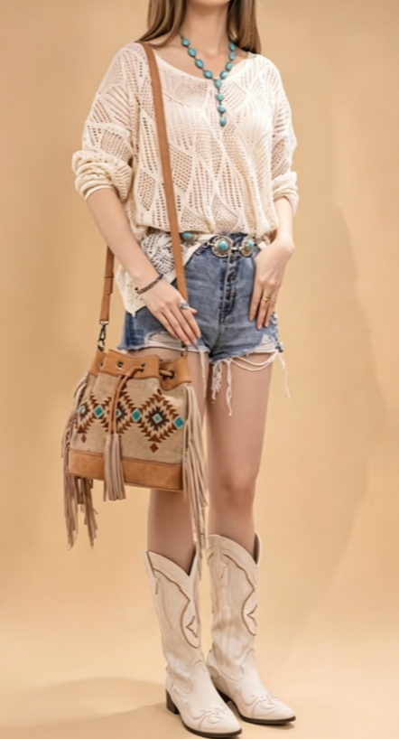 Women's Western-Style Tan Crossbody Bag with Fringe / Vintage Drawstring Design