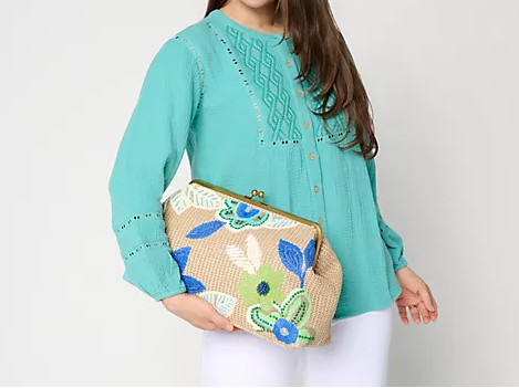 Embroidered Raffia Clasp Clutch