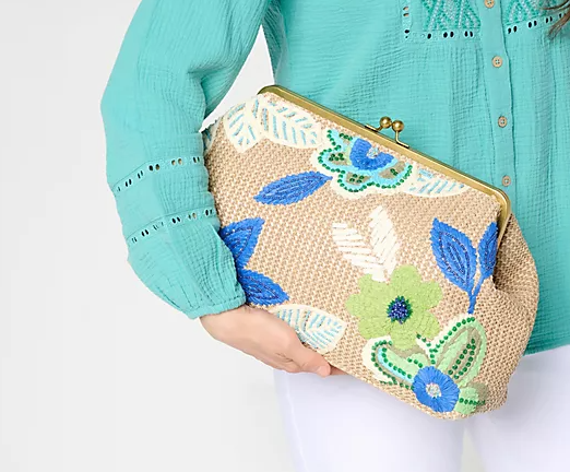 Embroidered Raffia Clasp Clutch