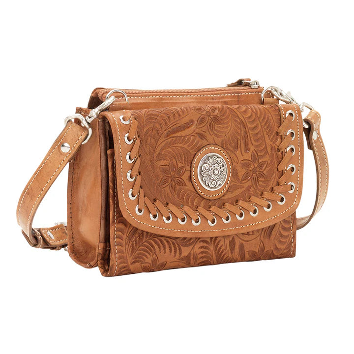 Western-style small crossbody bag/wallet in natural brown