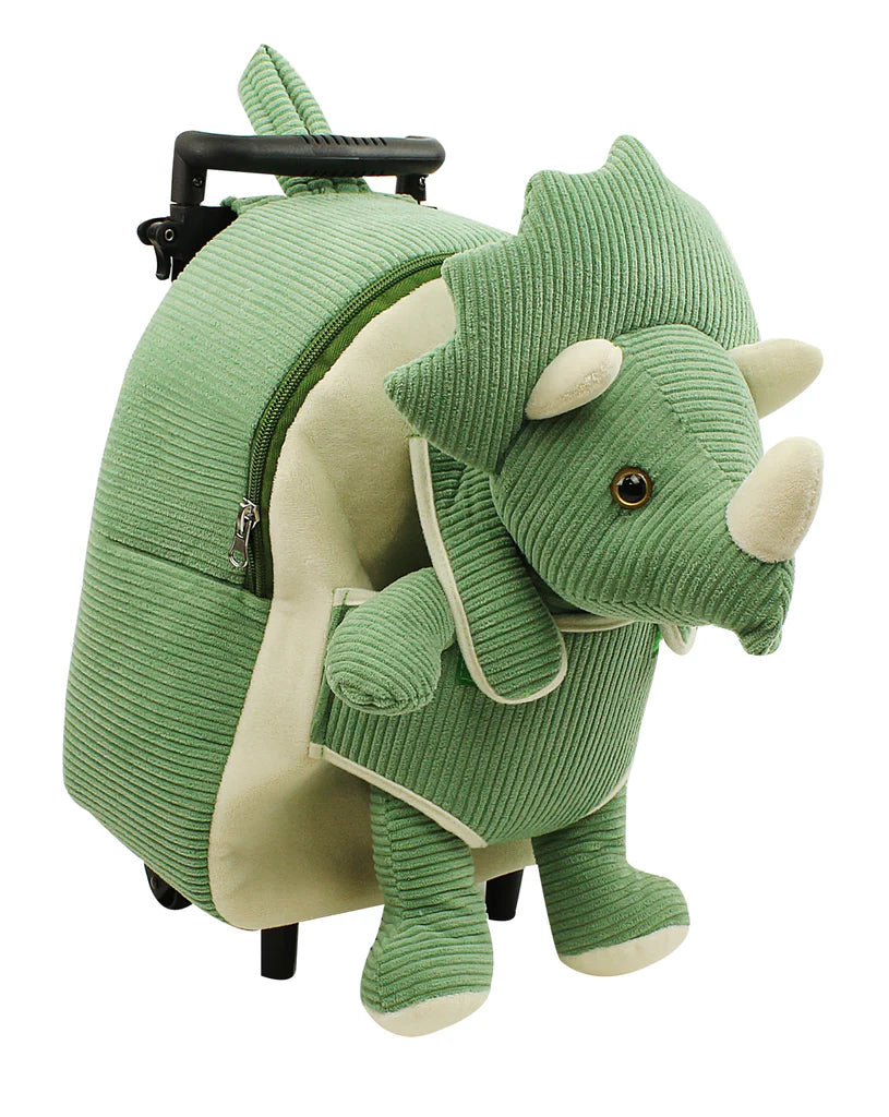 Green Triceratops Rolling Backpack for Kids (with Detachable Plush Toy)