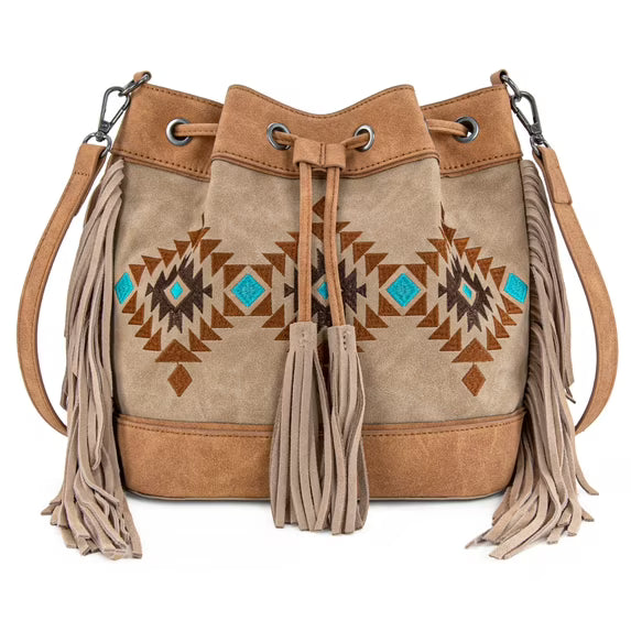 Women's Western-Style Tan Crossbody Bag with Fringe / Vintage Drawstring Design