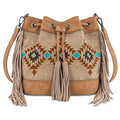 Women's Western-Style Tan Crossbody Bag with Fringe / Vintage Drawstring Design