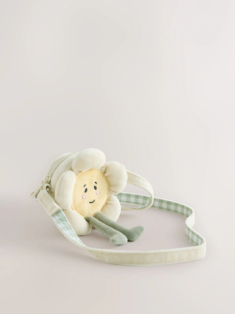White flower-shaped plush crossbody bag