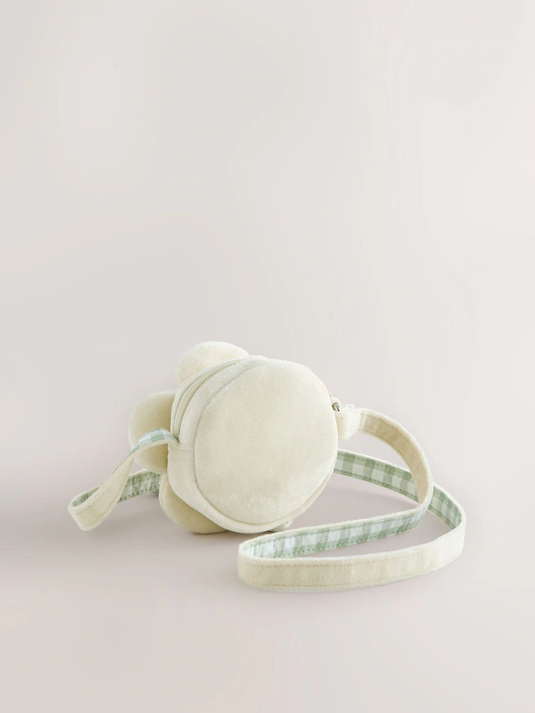 White flower-shaped plush crossbody bag