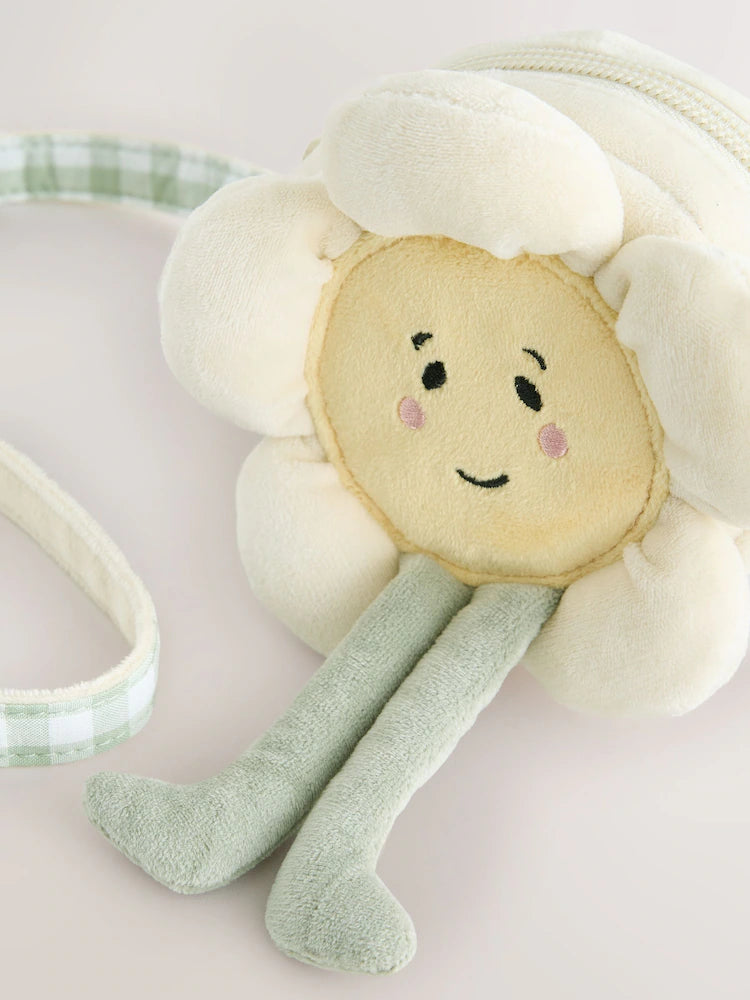White flower-shaped plush crossbody bag
