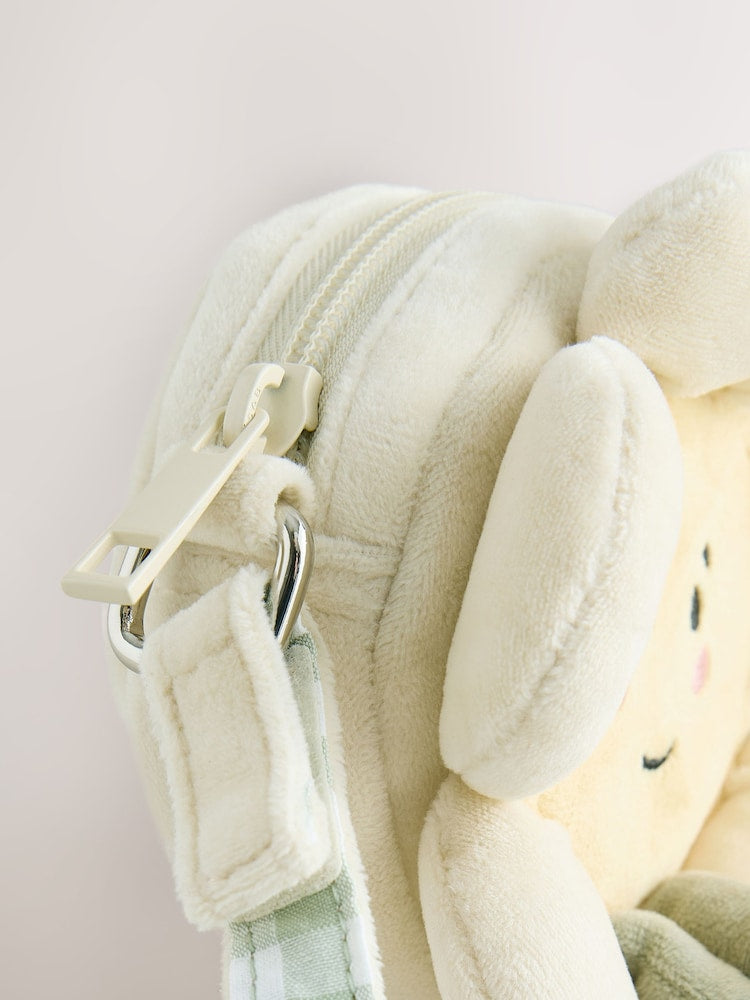 White flower-shaped plush crossbody bag