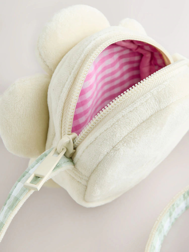 White flower-shaped plush crossbody bag