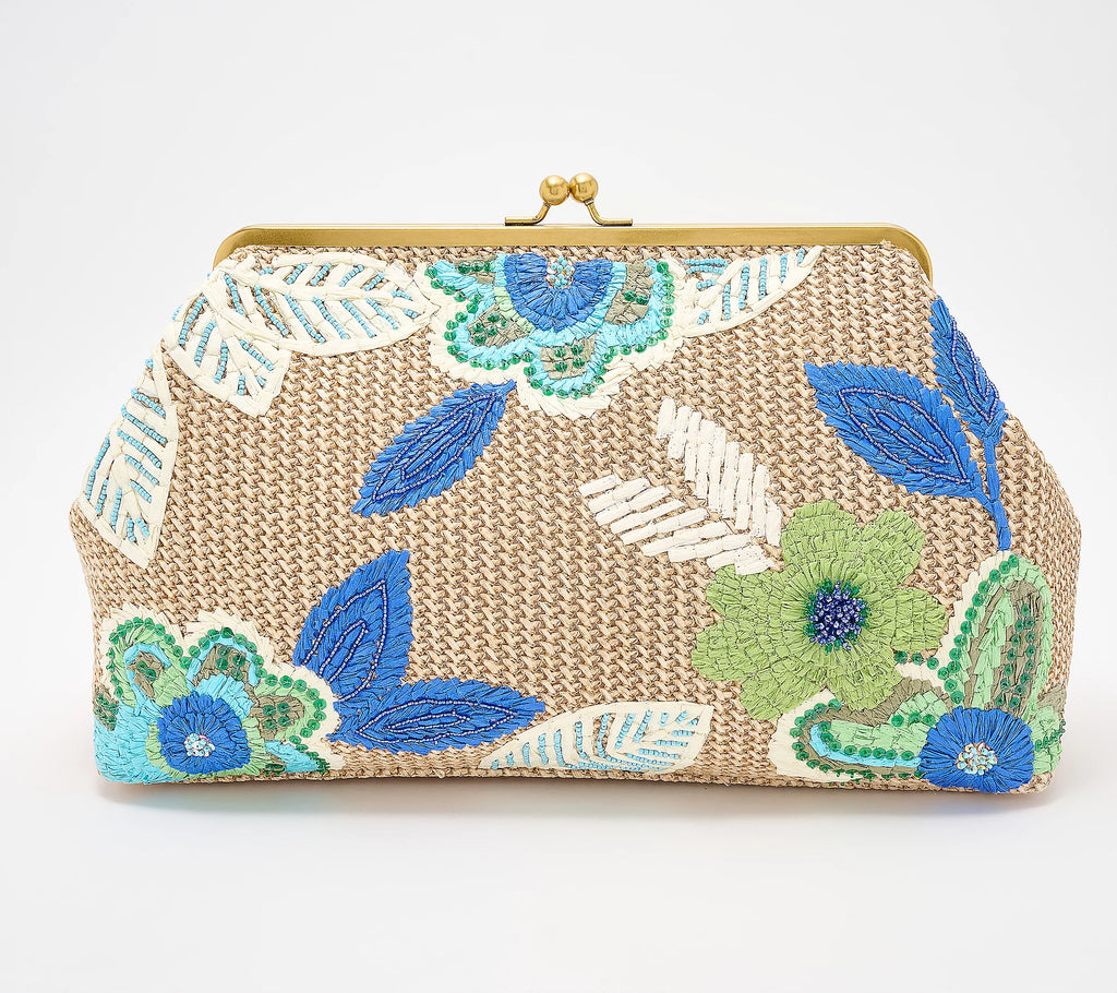 Embroidered Raffia Clasp Clutch