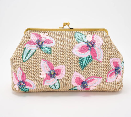 Embroidered Raffia Clasp Clutch