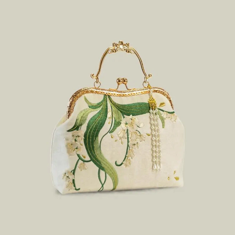 Lily of the Valley Embroidered Clasp Handbag / Bridal Wedding Bag