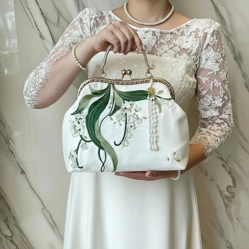 Lily of the Valley Embroidered Clasp Handbag / Bridal Wedding Bag