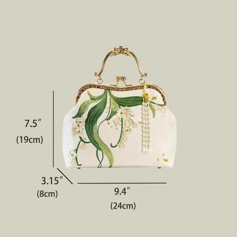 Lily of the Valley Embroidered Clasp Handbag / Bridal Wedding Bag