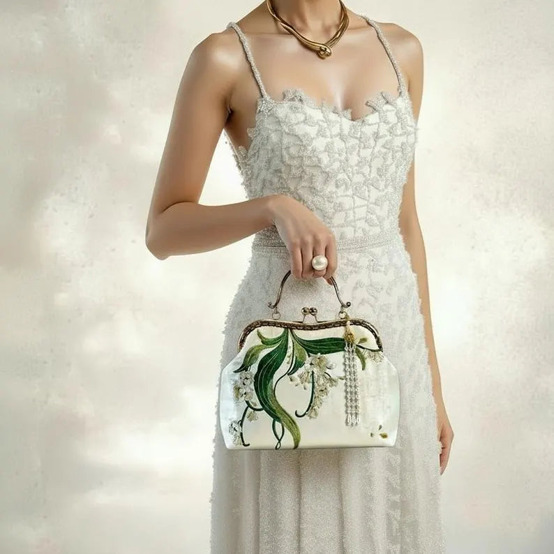 Lily of the Valley Embroidered Clasp Handbag / Bridal Wedding Bag