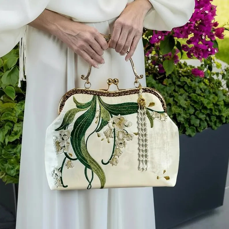 Lily of the Valley Embroidered Clasp Handbag / Bridal Wedding Bag